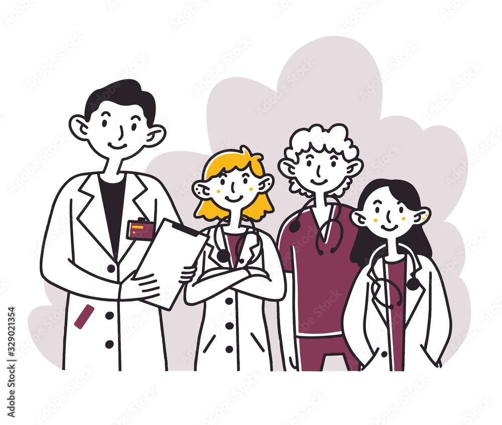 Hospital doctor staff. Team of physicians in white coats and scrubs with stethoscopes flat vector illustration. Medicine, occupation, clinic concept for banner, website design or landing web page Hospital doctor staff. Team of physicians in white coats and scrubs with stethoscopes flat vector illustration. Medicine, occupation, clinic concept for banner, website design or landing web page