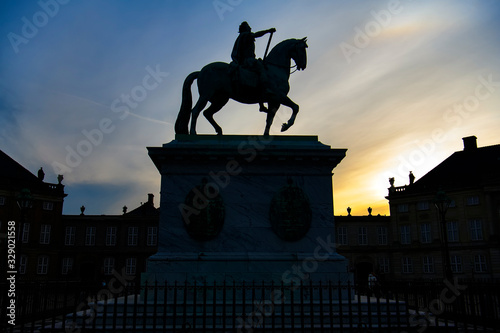 Equestrian statue of King Frederik V on Amalienborg Slotsplads Palace Square in Copenhagen, Denmark. February 2020 photo