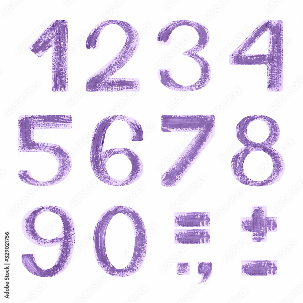 Hand painted purple number on white background. Isolated on white background. Purple textured font. Hand-painted stock illustration. Peeling paint texture. Gouache, oil or acrylic technique. Hand painted purple number on white background. Isolated on white background. Purple textured font. Hand-painted stock illustration. Peeling paint texture. Gouache, oil or acrylic technique.