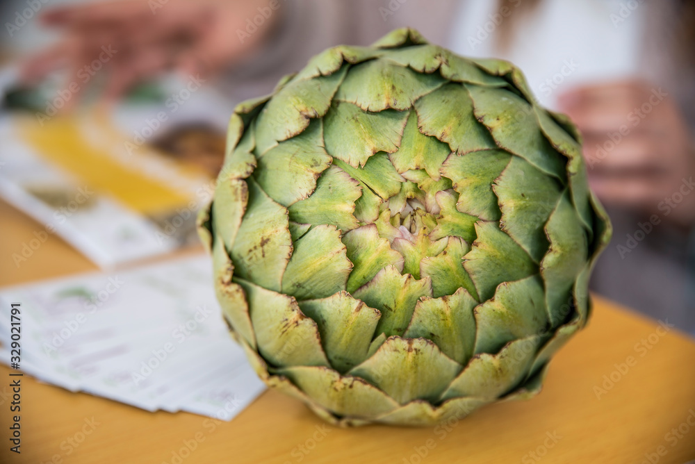 Fototapeta premium Freshly picked artichoke exposed for sale Healthy Mediterranean food that prevents the appearance, cholesterol of the Vega Baja of Alicante, Almoradí
