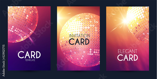 Party flyer design template set with shining disco ball.