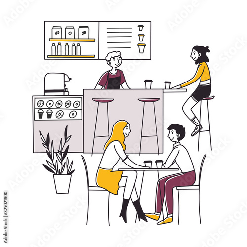 People sitting in cafe, drinking coffee and working on laptops vector illustration. Men and women coworking and chatting in coffeehouse. Barista serving coffee to customers. Coffeeshop interior