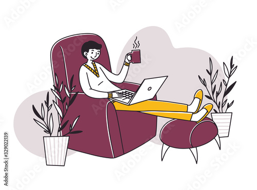 Relaxed freelance employee drinking coffee while working at home. Man sitting in armchair, using laptop. Vector illustration for freelancer, morning, remote worker, lifestyle concept