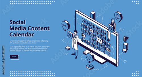 Social media content calendar isometric landing page, man and woman near huge desktop with month dates on screen, planning optimization marketing strategy, scheduling 3d vector line art web banner