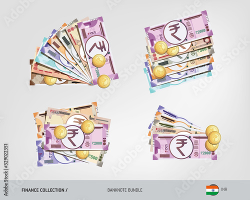 Indian Rupee banknotes set with gold coins. Isolated on background. Cash of different nominal value. Vector illustration on the topic of finance.