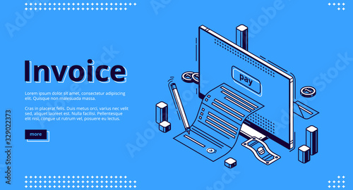 Invoice isometric landing page. Large bill for tax or service payment coming out of computer desktop screen. Shopping, banking, accounting paycheck, smart technologies 3d vector line art web banner