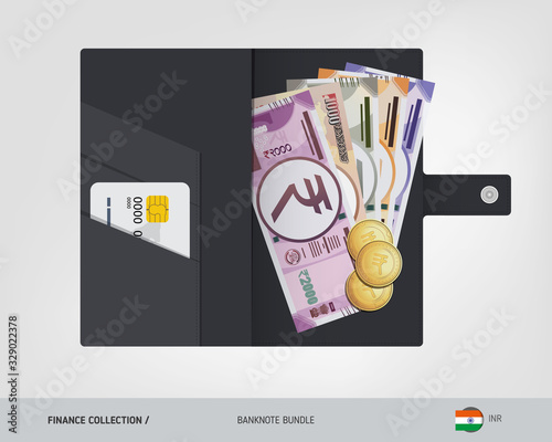 Indian Rupee banknotes set. Black leather wallet with money Indian Rupee banknotes and gold coins. Flat vector illustration on the topic of finance.