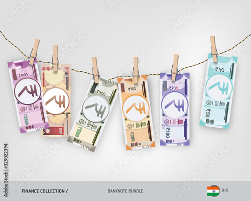 Wet Indian Rupee banknotes set hanging on rope attached with clothespins. Money laundering concept. Dirty money. Flat style vector illustration.
