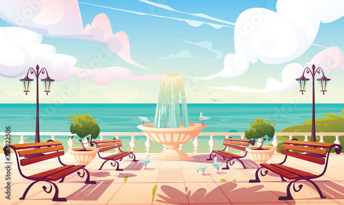 Summer seafront with fountain, benches and vintage fence. Vector cartoon sea landscape with quay, empty ocean promenade with decorative trees, street lamps and gulls