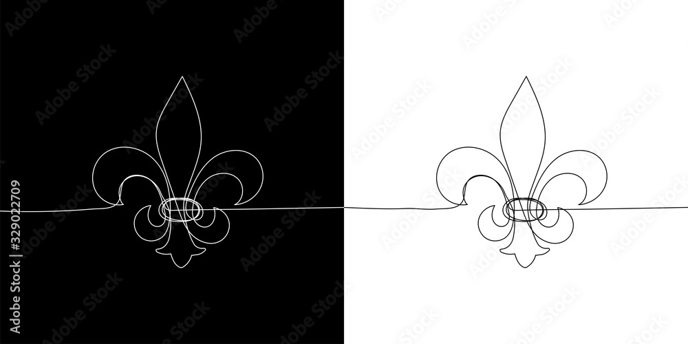 Fototapeta premium Traditional symbol of mardi gras - fleur de lis. Continuous line heraldic lily on black and white background. Vector illustration