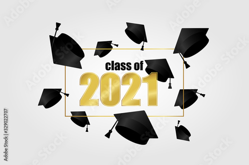 Class of 2021. Gold frame and number with thrown up black education academic cap. Template for graduation design, high school or college congratulation graduate, yearbook. Vector illustration.