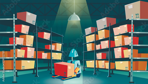 Warehouse robot with cardboard box. Vector cartoon interior of robotic storehouse with goods, cargo and parcels on metal racks. Automated loader machine in storage room