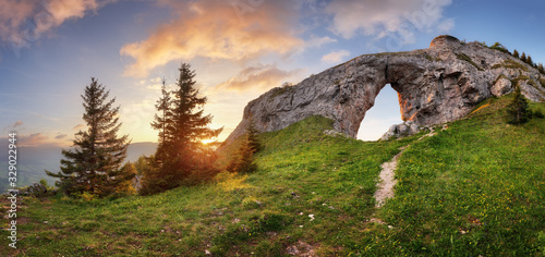 Fototapeta Naklejka Na Ścianę i Meble -  Mountain landscape with big rock at sunset - Low Tatras, Slovakia
