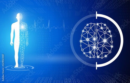 abstract background technology concept in blue light,brain and human body heal ,technology modern medical science in future and global international medical with tests analysis clone DNA human