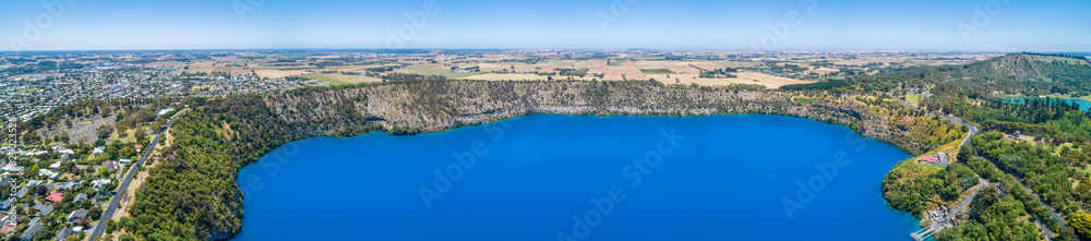 Wide aerial panorama of the famous Blue Lake at Mount Gambier, South Australia