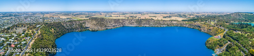 Wide aerial panorama of the famous Blue Lake at Mount Gambier, South Australia