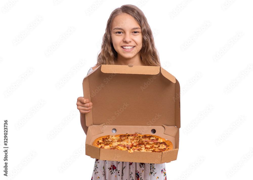 Beautiful young teen girl holds cardboard box with pizza in her hands, isolated on white background. Portrait of pretty child showing delicious Italian pizza. Female student makes pizza delivery. Beautiful young teen girl holds cardboard box with pizza in her hands, isolated on white background. Portrait of pretty child showing delicious Italian pizza. Female student makes pizza delivery.