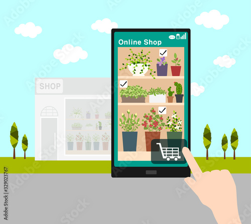 online shopping with smart phone and flower shop