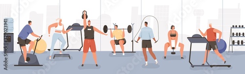 Fotografie, Obraz Different cartoon people exercising at modern gym vector flat illustration