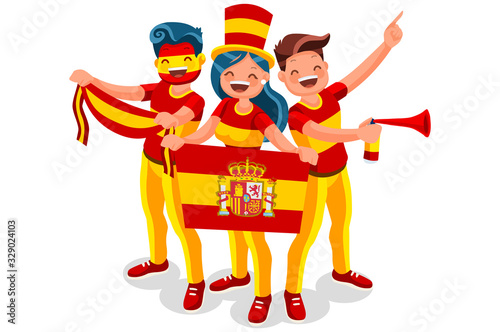 Spain flag  Spanish people Crowd of persons celebrate national day.  Celebrating a football team. Soccer symbol and victory celebration. Sports cartoon symbolic flat vector illustration