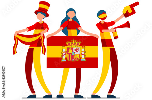 Spain flag  Spanish people Crowd of persons celebrate national day.  Celebrating a football team. Soccer symbol and victory celebration. Sports cartoon symbolic flat vector illustration