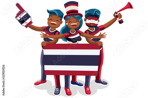 Thailand flag Thai people Crowd of persons celebrate national day.  Celebrating a football team. Soccer symbol and victory celebration. Sports cartoon symbolic flat vector illustration