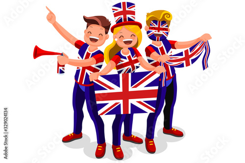 UK  flag English people. Crowd of persons celebrate national day.  Celebrating a football team. Soccer symbol and victory celebration. Sports cartoon symbolic flat vector illustration