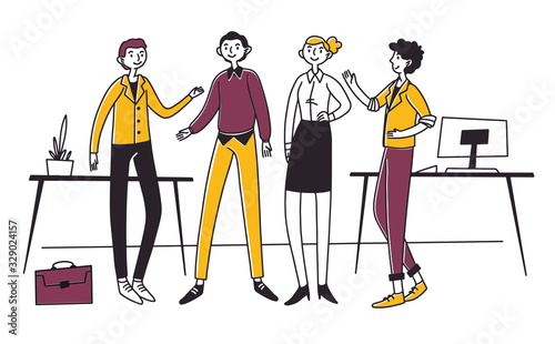 Creative team in their office. Group of happy, friendly, united people standing together flat vector illustration. Teamwork, cooperation, success concept for banner, website design or landing web page