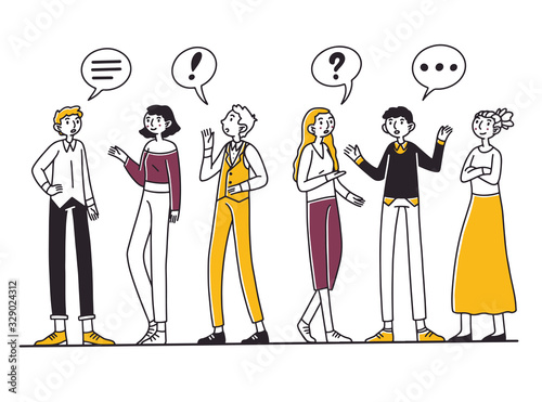 Group of people talking to each other. Men and women chatting with dialog bubbles and gestures. Vector illustration for communication, conversation, discussion concept