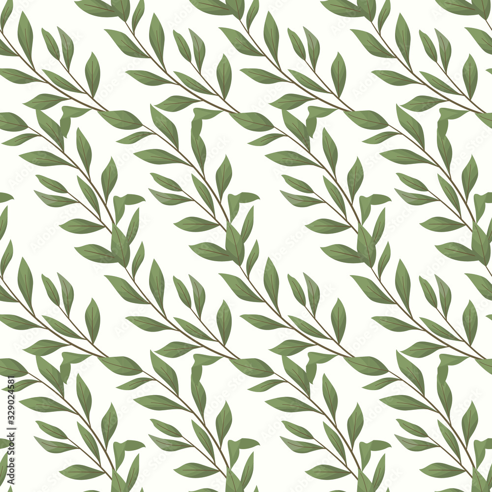 Vector seamless pattern with diagonal bay leaf twigs; natural design for fabric, wallpaper, packaging, textile, web  design.