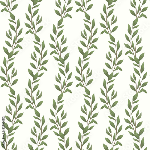 Fototapeta Naklejka Na Ścianę i Meble -  Vector seamless pattern with vertical bay leaf twigs; natural design for fabric, wallpaper, packaging, textile, web  design.