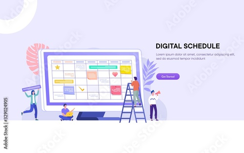 Business agenda appointment vector illustration concept, Happy man and woman making business schedule with calender can use for, landing page, template, ui, web, homepage, poster, banner, flyer