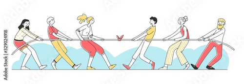 Two groups of people pulling rope flat vector illustration. Strong teams resisting each other in struggle. Competition, challenge and confrontation concept