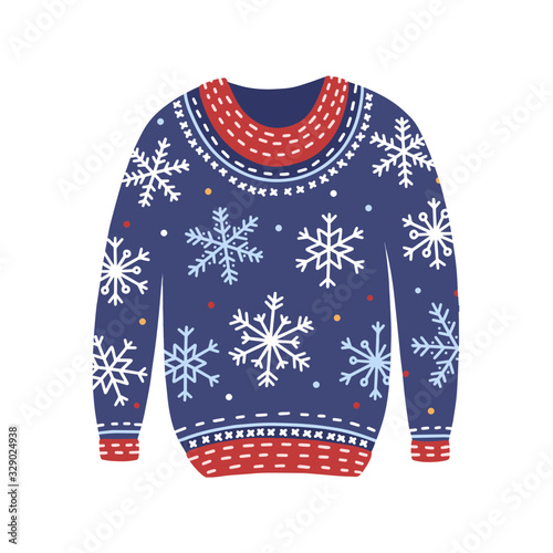 Blue christmas coziness ugly sweater with snowflakes vector flat illustration