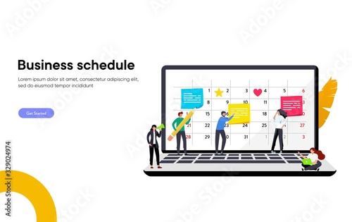 happy business team make an agenda appointment in the laptop vector illustration concept, time management organization at work can use for, landing page, template, ui, web, homepage, poster, banner