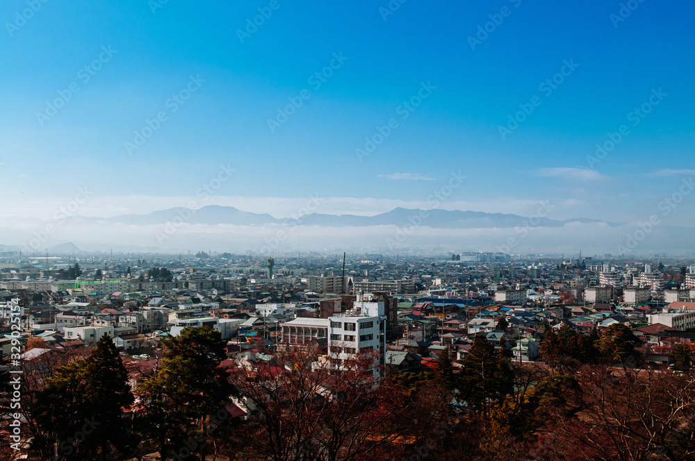 Aizu Wakamatsu City view with moutain in background