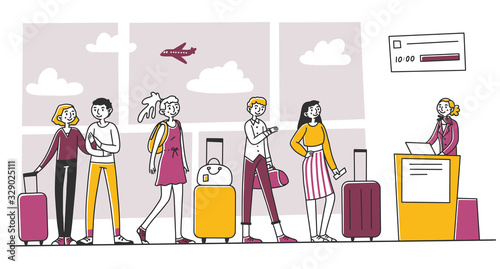 Line of tourists at airport check in counter. Queue of passengers waiting for registration to their flight. Vector illustration for tourism, trip, transportation concept