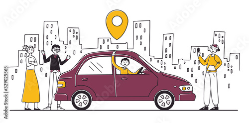 Car sharing service. People searching transport with map location pin, renting vehicle. Vector illustration for transfer, transportation, urban, technology concept
