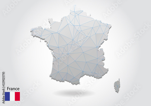 Vector map of france with trendy triangles design in polygonal style on dark background, map shape in modern 3d paper cut art style. layered papercraft cutout design.