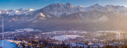 Winter panorama of the High Tatras and the Zakopane Resort in Poland