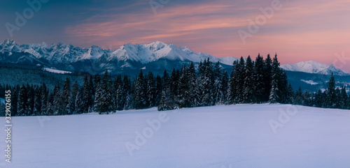 Beautiful winter mountain landscape before sunrise-Tatry, Poland.Panorama