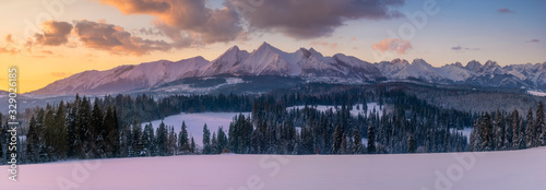 Beautiful winter mountain landscape at sunrise-Tatra Mountains, Poland.Panorama