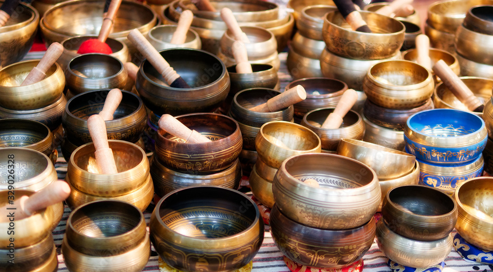Singing bowl and other religious Tibetan musical instruments. Meditation and relax.The power of Healing sound.