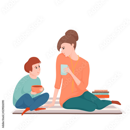 Young beautiful mother and teenage son sitting on the carpet, drinking tea and talking, spending time together, flat cartoon vector illustration isolated on white background. Mom and son drinking tea
