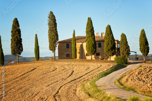 Rural house and cypress avenue  typical landscape of Tuscany  Italy