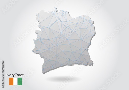 Vector map of ivory Coast with trendy triangles design in polygonal style on dark background, map shape in modern 3d paper cut art style. layered papercraft cutout design.
