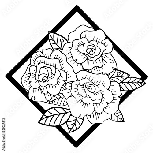 contour drawing of a rose inside a rhombus.