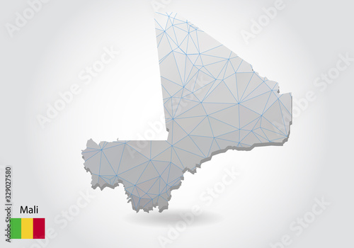 Vector map of Mali with trendy triangles design in polygonal style on dark background, map shape in modern 3d paper cut art style. layered papercraft cutout design.