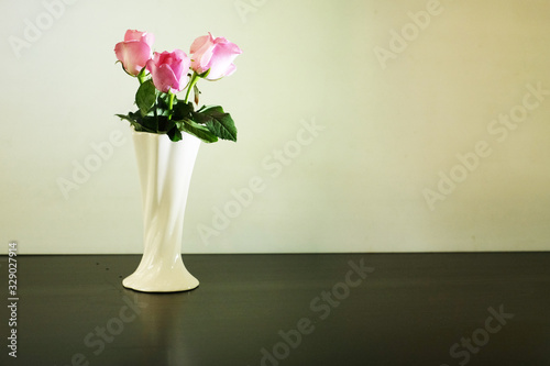 Three pink roses in classic vase on white background