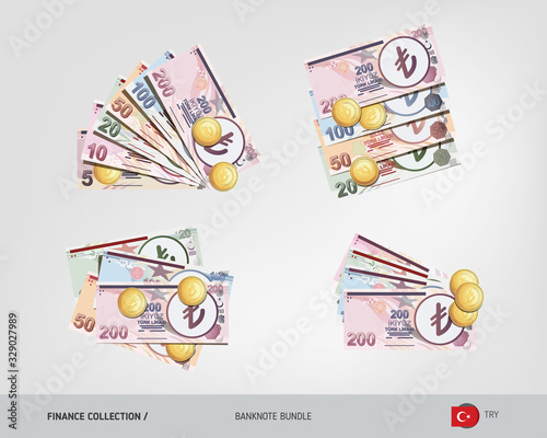 Turkish Lira banknotes set with gold coins. Isolated on background. Cash of different nominal value. Vector illustration on the topic of finance. 